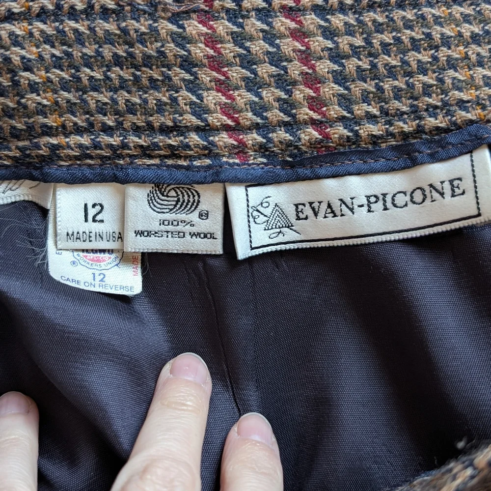 Vintage Evan Picone 2 Piece Plaid Wool Suit Set Skirt/Blazer W10 Red/Browns - Picture 11 of 16